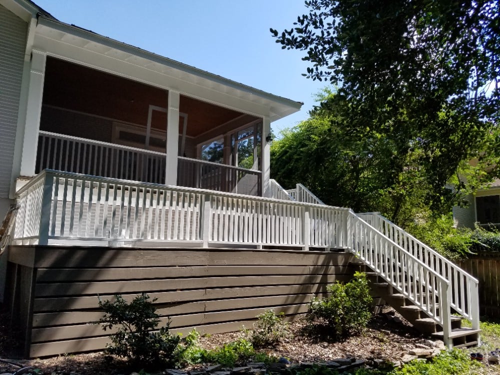 Back Deck We services Raleigh, Durham, Chapel Hill, Wake Forest, Brier Creek, Hillsbourough, Pittsboro, Rolesville with Sherwin Williams, Ben Moore paints for Interior, Exterior, cabinets, Decks,