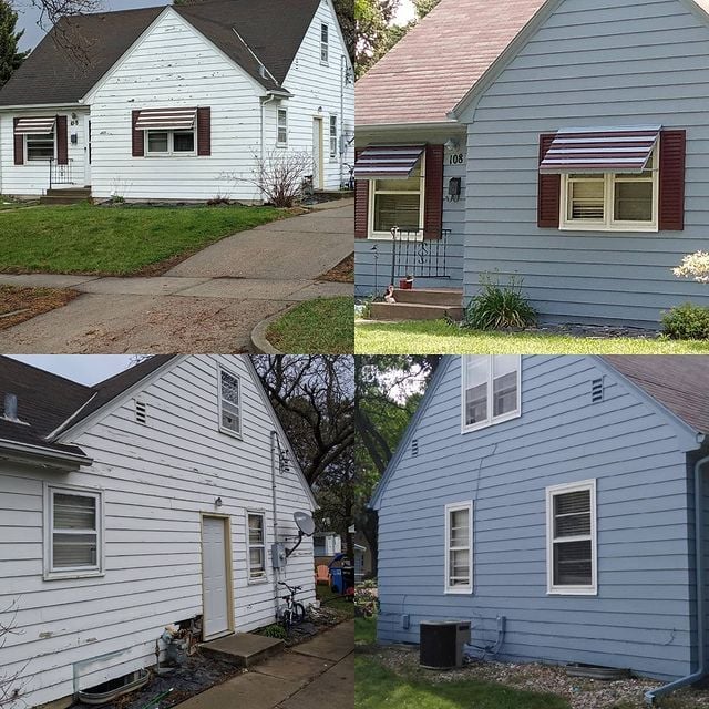 Before and after blue house with brown accents