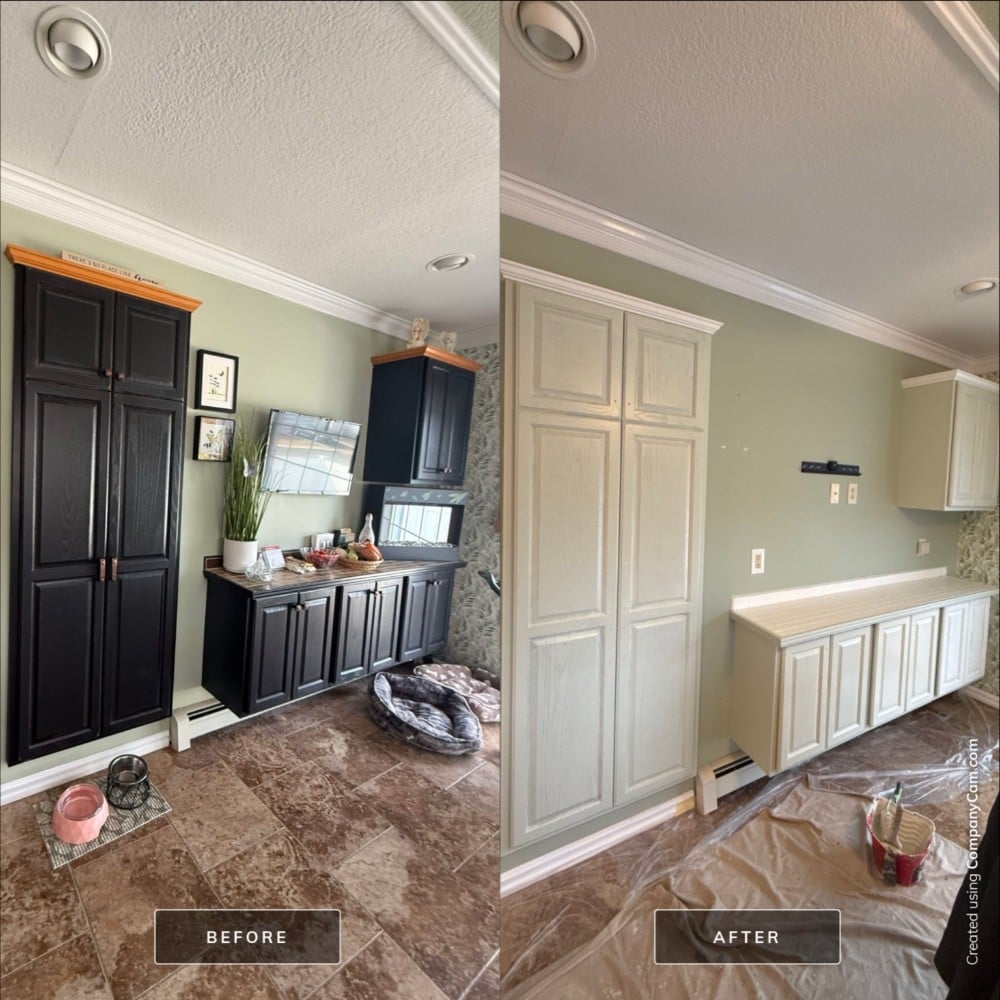 Before and after of kitchen cabinet painting. Dark wood cabinets transformed to cream-colored finish with detailed prep and coating.