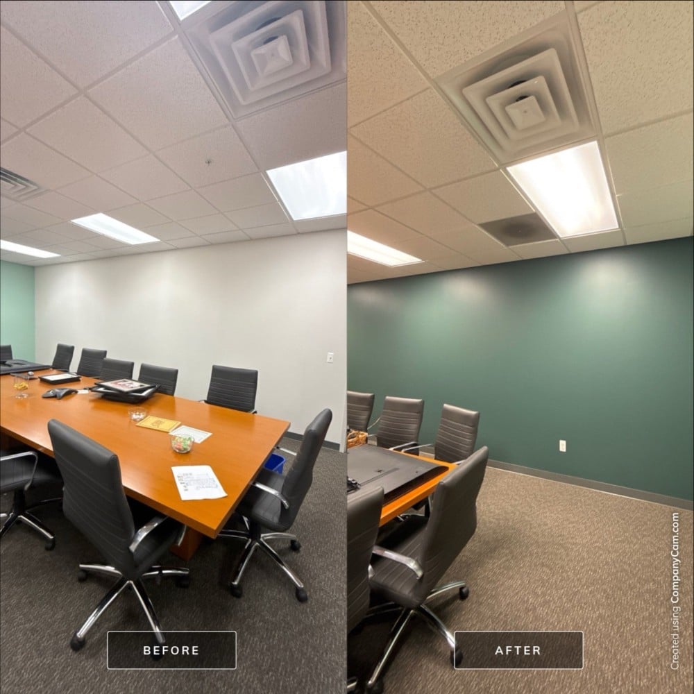 Before and after photo of a commercial conference room repaint. Shows a transition from plain white walls to a bold green accent wall with modern trim. Completed by Five Star Painting for an office in Ocean County, NJ.