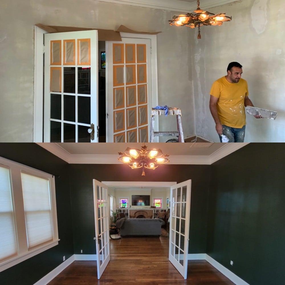 Dining room texture and painting for color change. Colors: Sherwin Williams - Hunt Club walls, Extra White woodwork.
