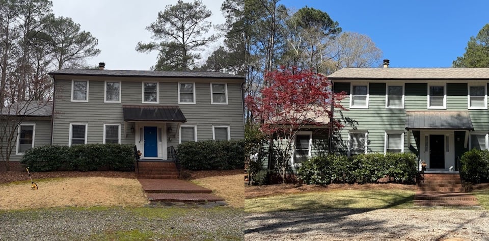 Exterior Rough Sawn Cedar Siding Color Change.  Sherwin Williams  WoodScapes Exterior Acrylic Solid Color House Stain SW6187 Rosemary Body.  SW7005 Pure White Trim