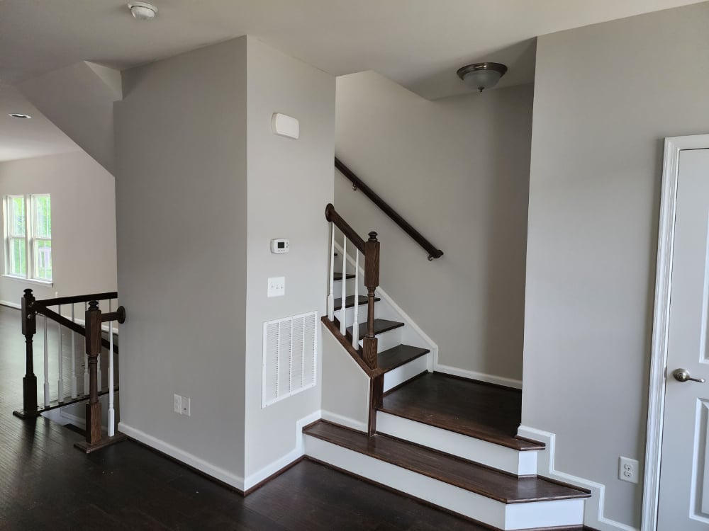 Grey Wall Entry Foyer and Stairwell with High Contrast White Trim