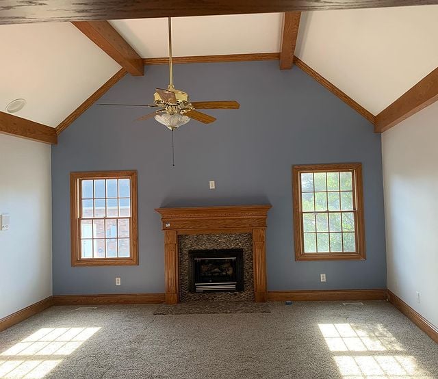 blue wall with fireplace