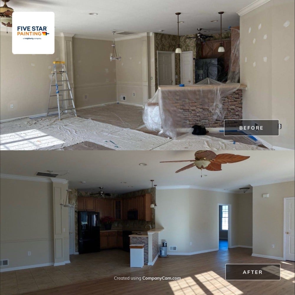 Before and after of interior repaint across open kitchen/living room. Shows prep work and final clean walls in neutral tones.