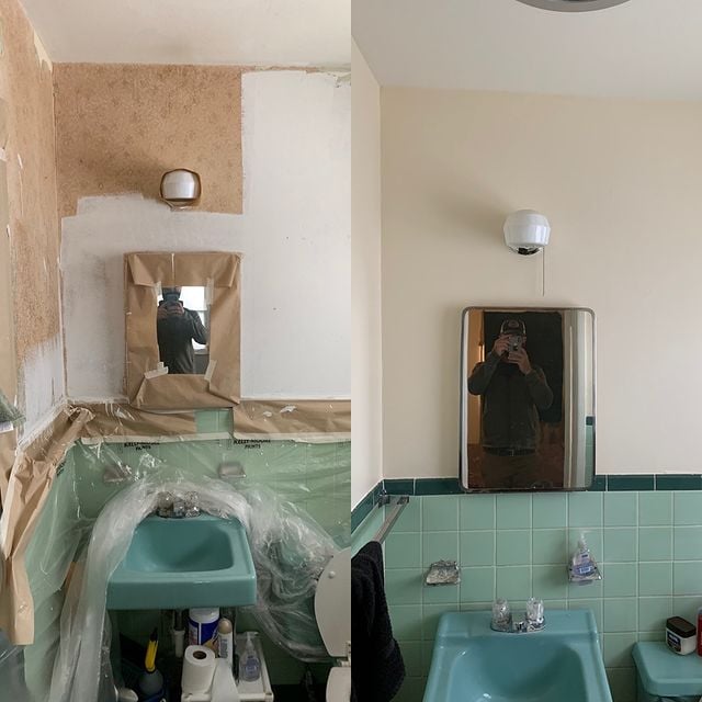 Interior painting and repairs for a cosmetic update. Colors: Sherwin Williams SW 0046 White Hyacinth walls, SW0050 Classic Light Buff ceiling and woodwork.