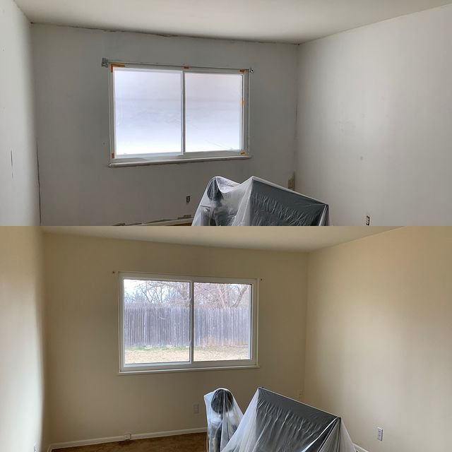 Interior painting and repairs for a cosmetic update. Colors: Sherwin Williams SW 0046 White Hyacinth walls, SW0050 Classic Light Buff ceiling and woodwork.