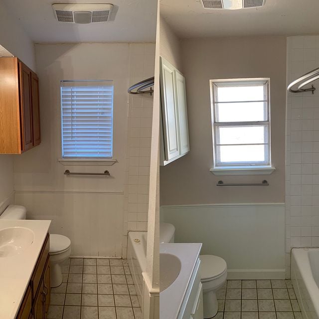 Interior painting and repairs for a cosmetic update. Colors: Sherwin Williams SW 0046 White Hyacinth walls, SW0050 Classic Light Buff ceiling and woodwork.
