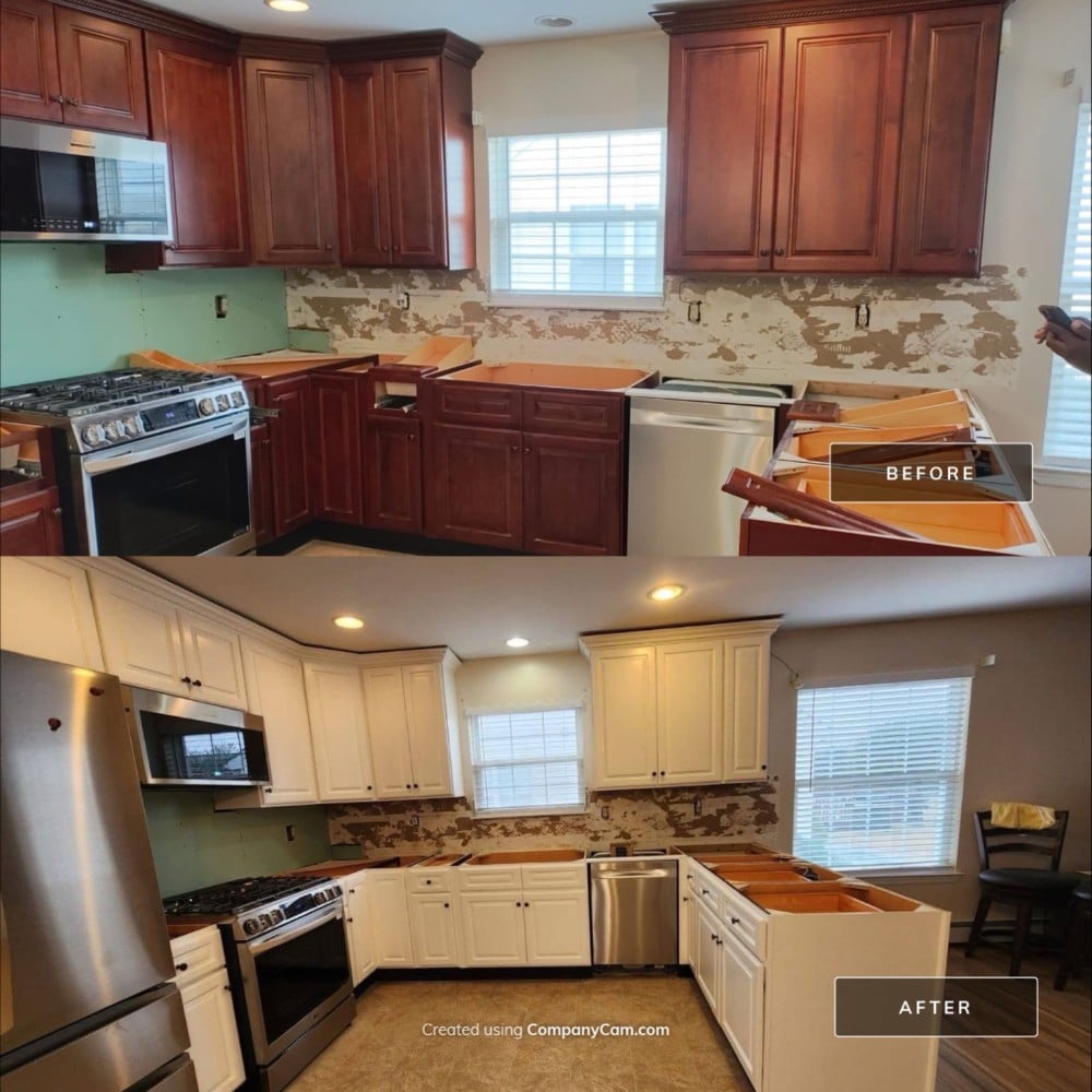 Before and after of kitchen cabinet painting. Dark brown cabinets being painted white during renovation with professional prep.