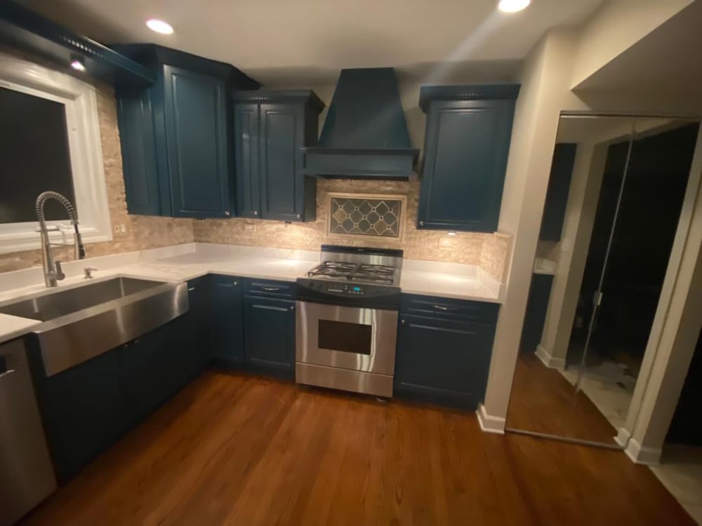 Sherwin Williams Emerald kitchen cabinets teal carol stream addison paint repaint interior cabinets