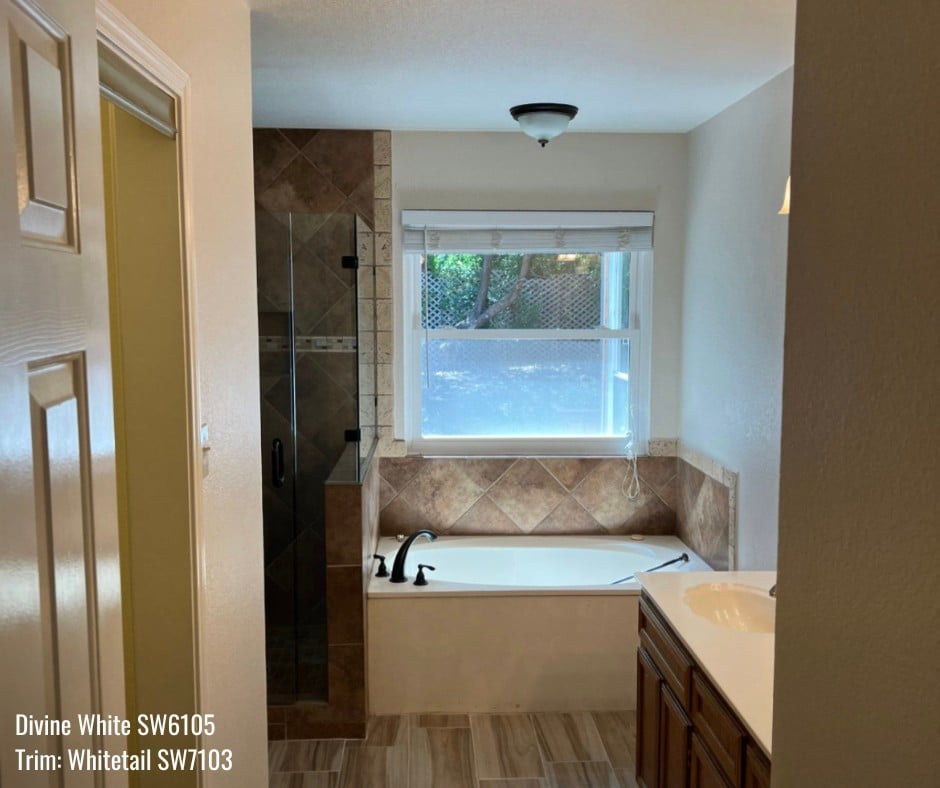 Master Bath, Walls: Divine White SW6105, Trim: Whitetail SW7103