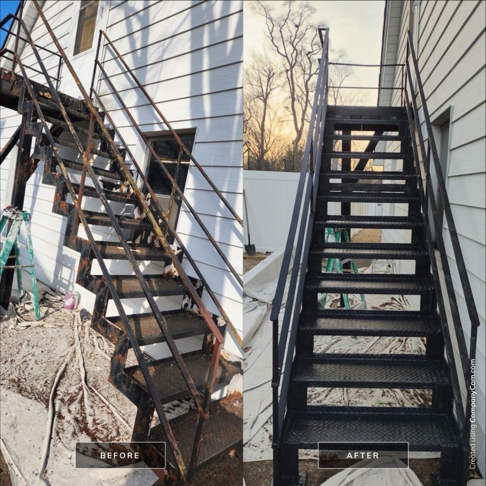 Before and after of metal stairs repaint. Shows rusted, worn condition versus clean black finish after professional paint job in Ocean County, NJ.