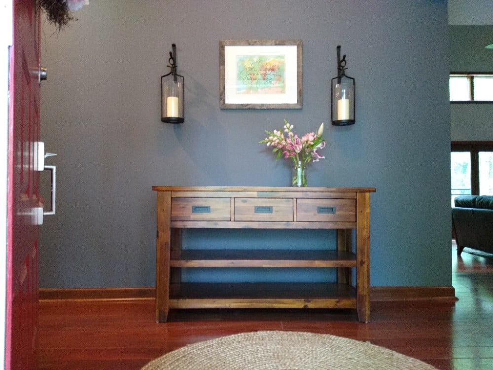 Dark Blue entry foyer walls wooden floors