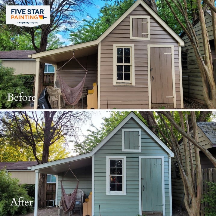 Shed transformed, vibrant hue.