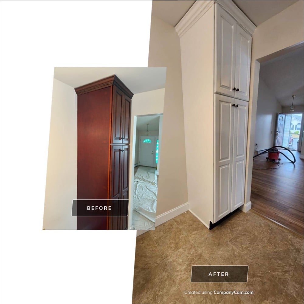 Before and after of tall kitchen cabinet repaint. Dark cherry wood transformed to a bright white with clean trim finish.