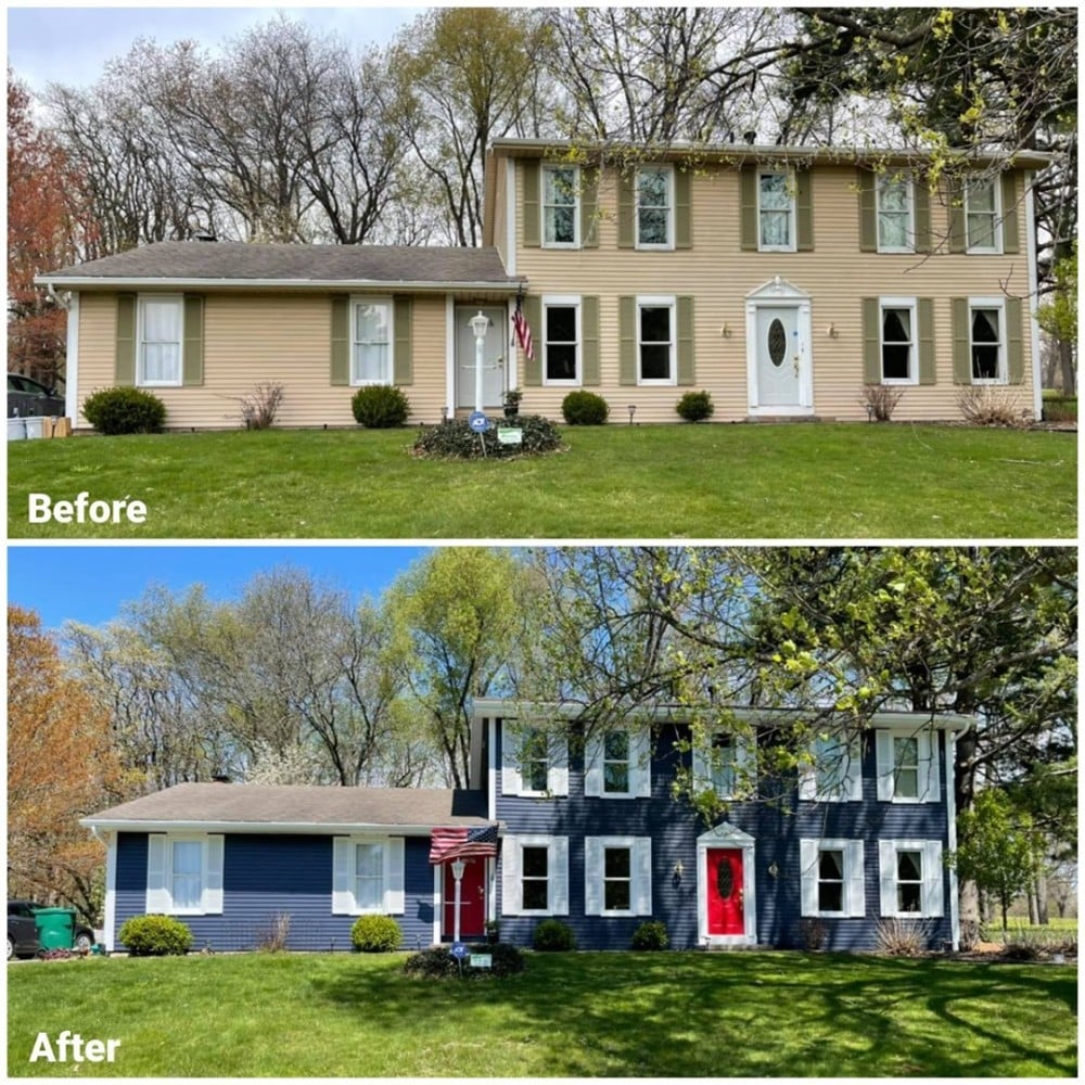 before and after of home exterior painted blue