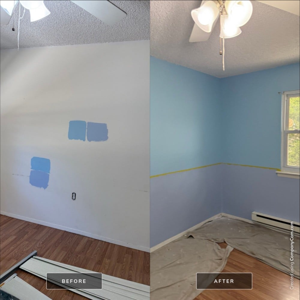 Before and after photo of a bedroom repaint in Toms River, NJ. Shows transition from plain white walls with test swatches to finished two-tone blue walls with clean edges and professional finish.