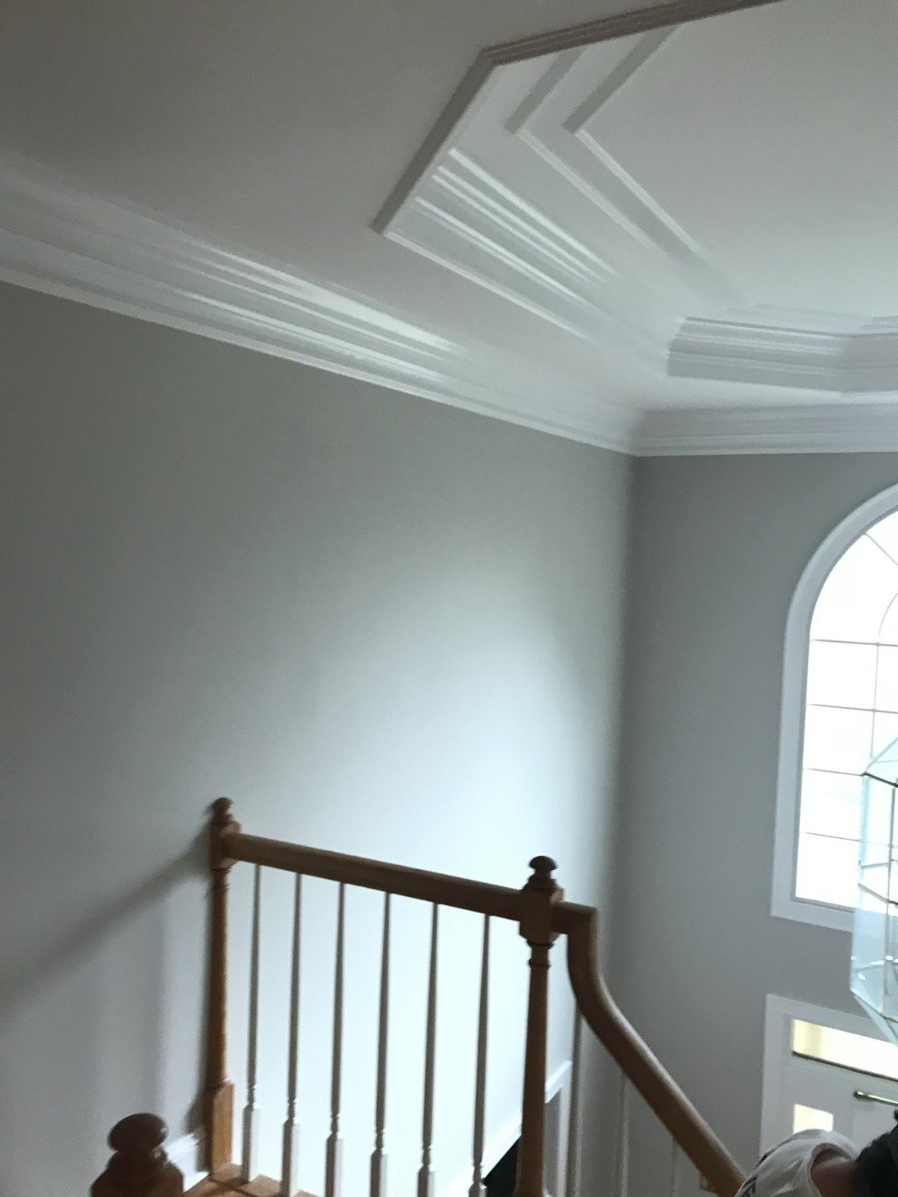 white coffered ceiling tan gray walls