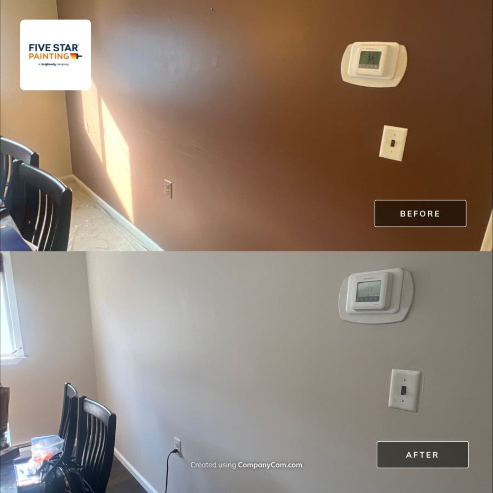 Before and after of a dining room wall repaint. Dark brown changed to soft beige with neat edges around fixtures and outlets.