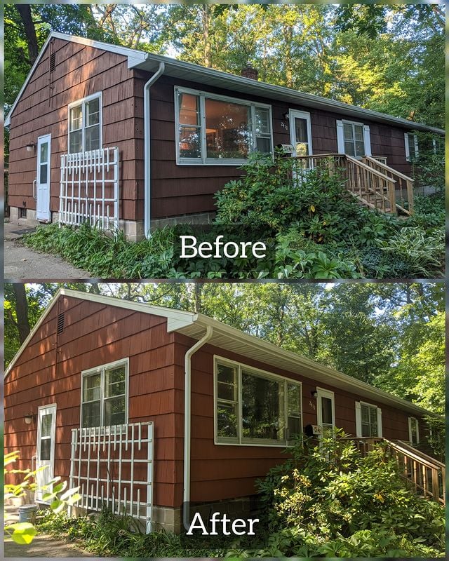 before and after brown house with white accents