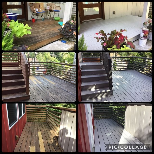 before and after grey deck with red house