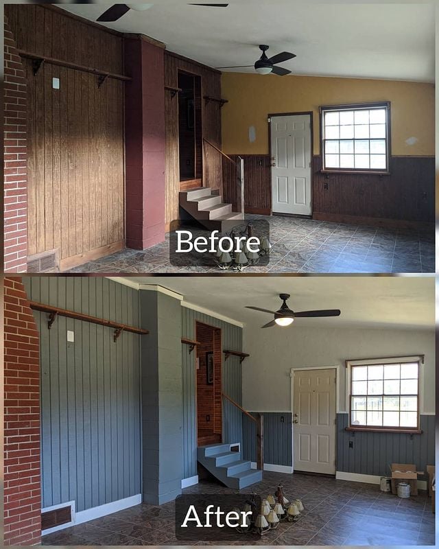 before and after grey room with white accents