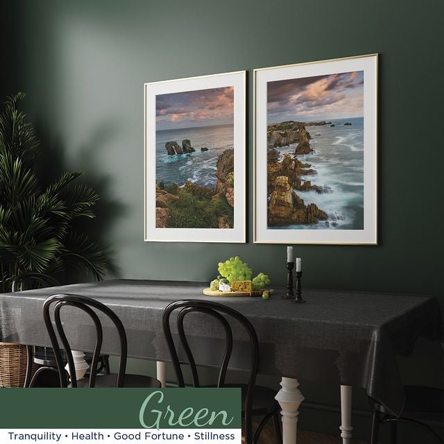 green wall with ocean pictures