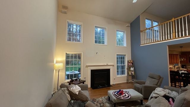living room with blue accent wall