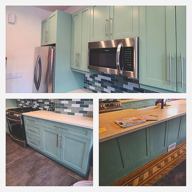 teal kitchen cabinets with a tile backsplash