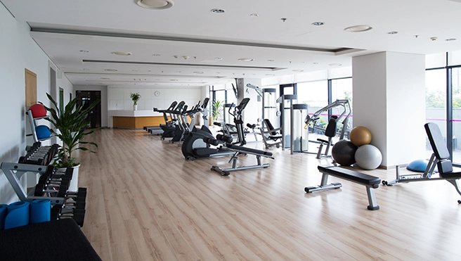 Fitness room with painted walls.