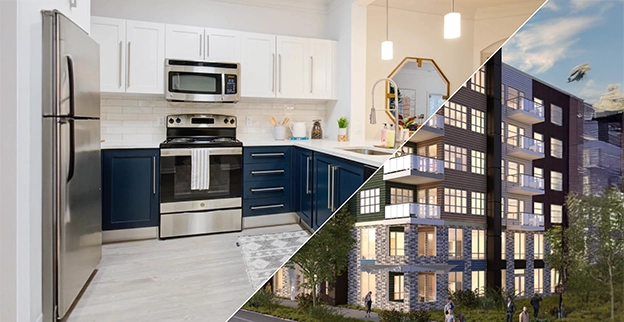 Dark blue kitchen cabinets inside modern apartment building.