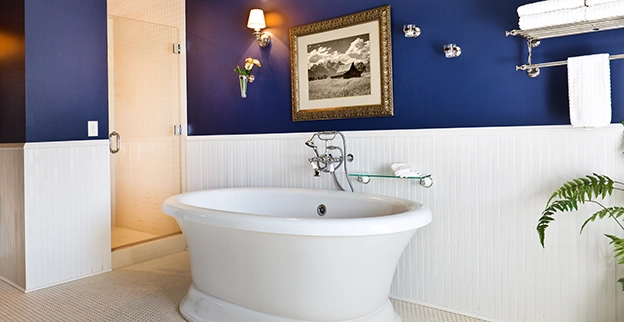 Bathroom with navy blue walls and a white bathtub.