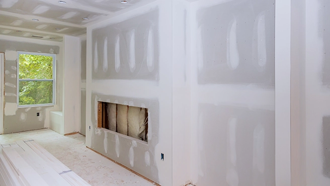Fresh drywall in a home with mudding already finished.