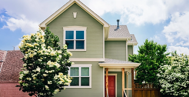 Exterior of a home with painted vinyl siding.