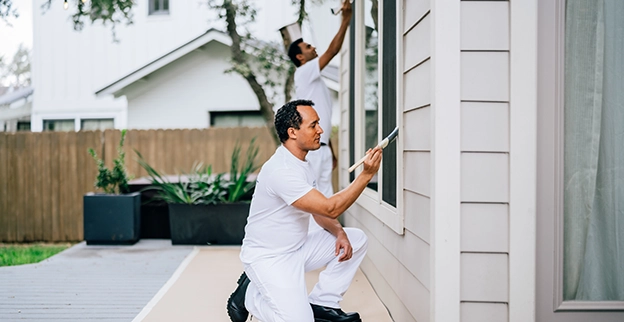 Painter painting wood siding.
