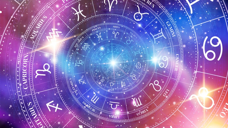 Swirling zodiac signs on a purple, pink, and blue background with stars