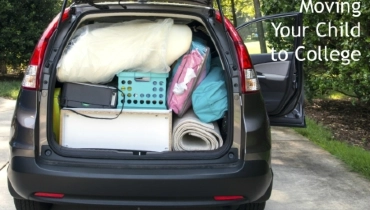 Blog title superimposed over a photo of a minivan packed full of college essentials