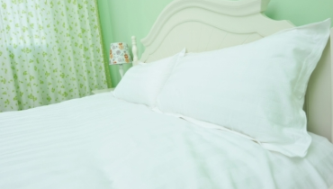 Photo of an aloe-colored, bright green bedroom.
