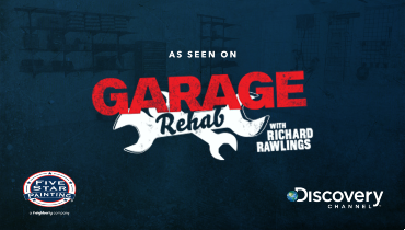 Garage rehab with Richard Rawlings logo, Five Star Painting logo, Discovery channel logo, on a dark blue background
