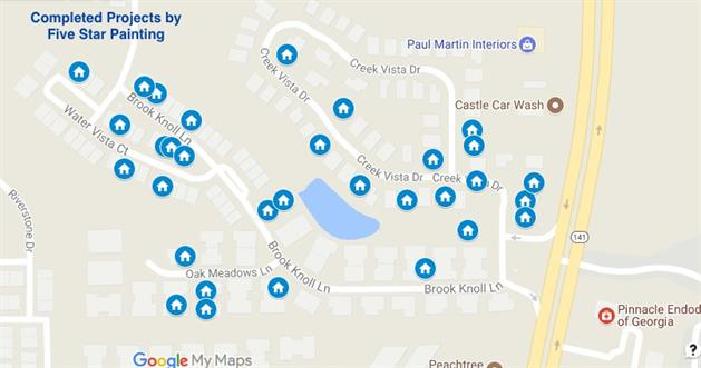 Map of completed projects by Five Star Painting showing tiny house markers.