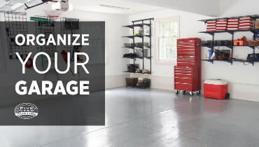 Blog title superimposed over a well-organized garage