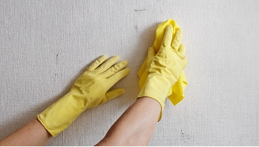 Photo of someone in yellow rubber gloves washing a dirty white wall