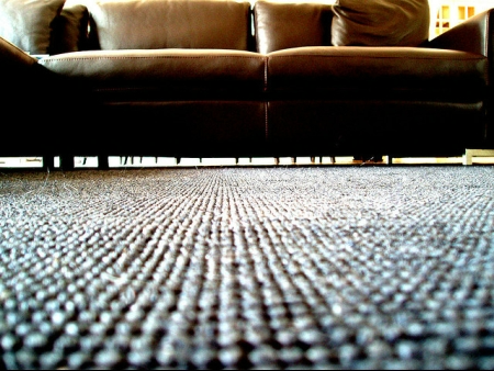 Brown couch on a carpeted floor.