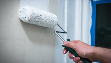 Person using a hand rolling to apply white house paint/primer on prepped wall.