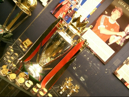 Trophies in a display.