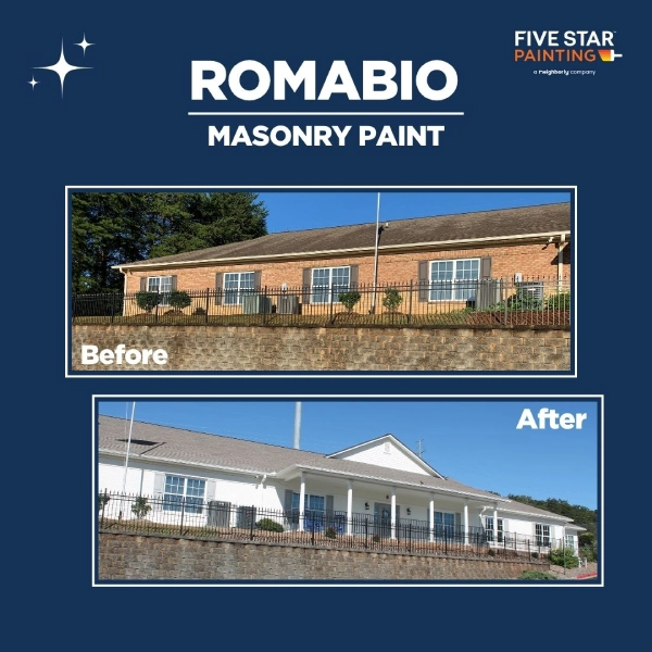 Before: traditional red brick commercial building exterior | After: white-painted masonry exterior with refreshed, modern look