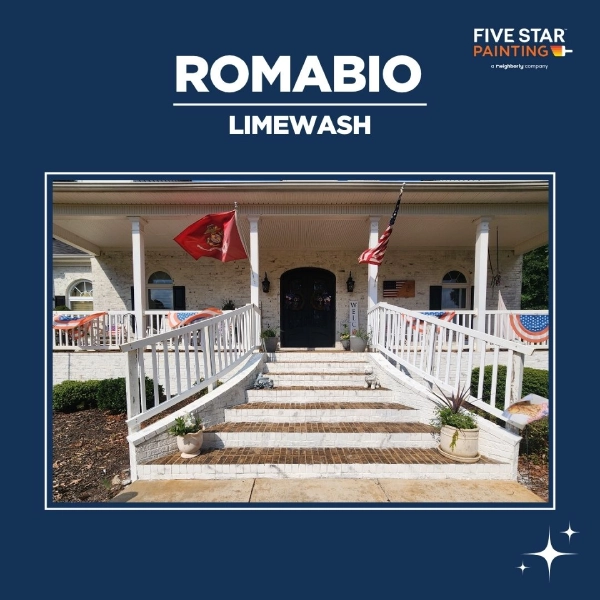 Before: traditional red brick porch and entryway | After: limewashed brick porch with bright, elegant finish