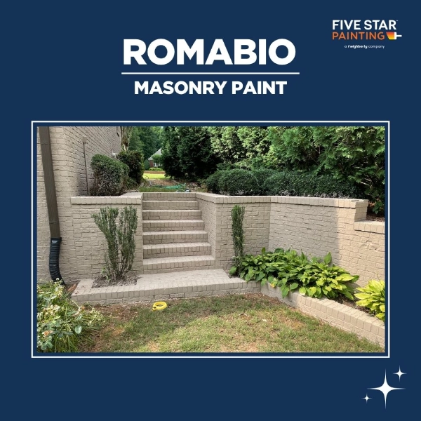 Before: unpainted red brick retaining wall and stairs | After: painted masonry with smooth, uniform tone
