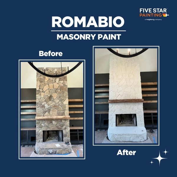 Before: natural stone fireplace with mixed brown tones | After: white-painted masonry fireplace with smooth, elegant finish