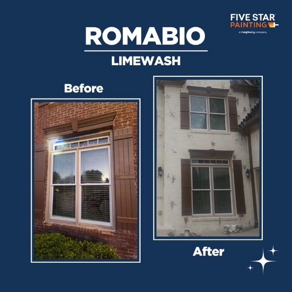 Before: dark red brick exterior around window | After: soft white limewashed brick with natural patina